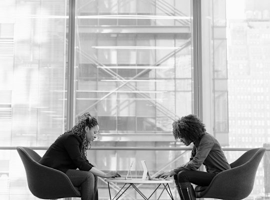 Two people sit in an office typing on their laptops