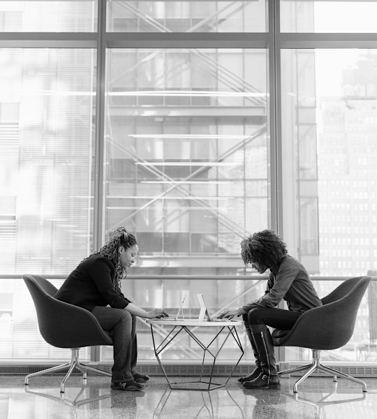 Two people sit in an office typing on their laptops