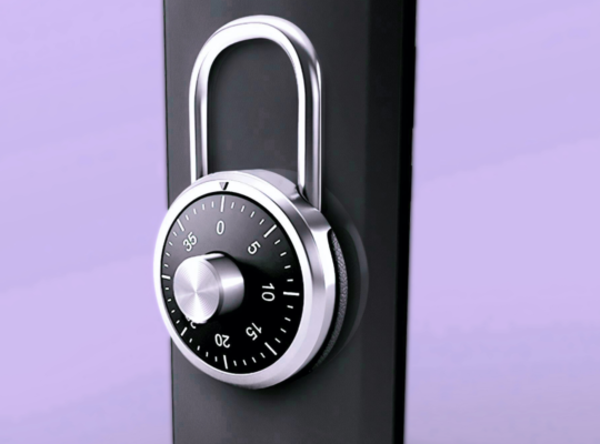 A closed metal lock attached to the back of a smartphone